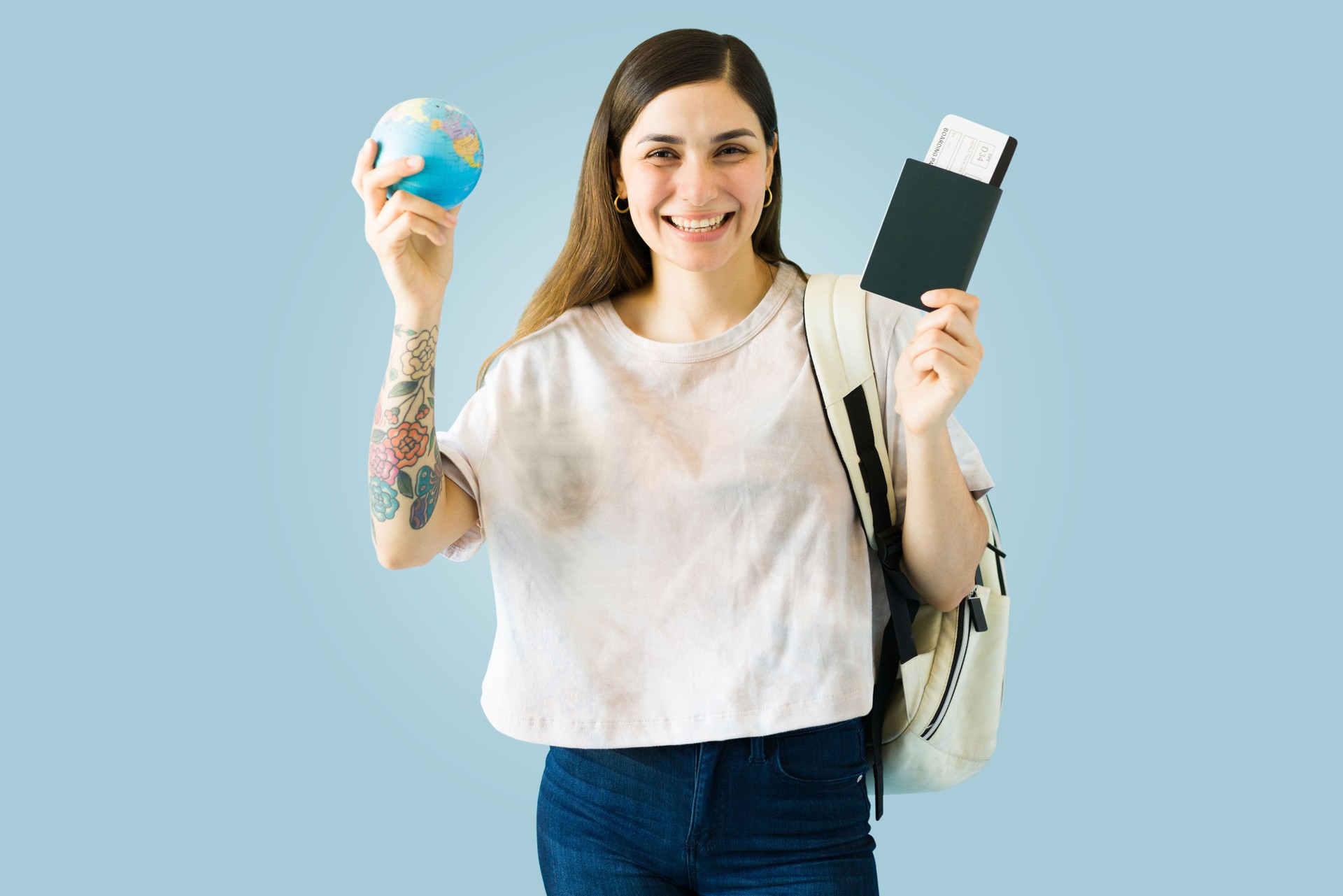 Excited woman studying abroad