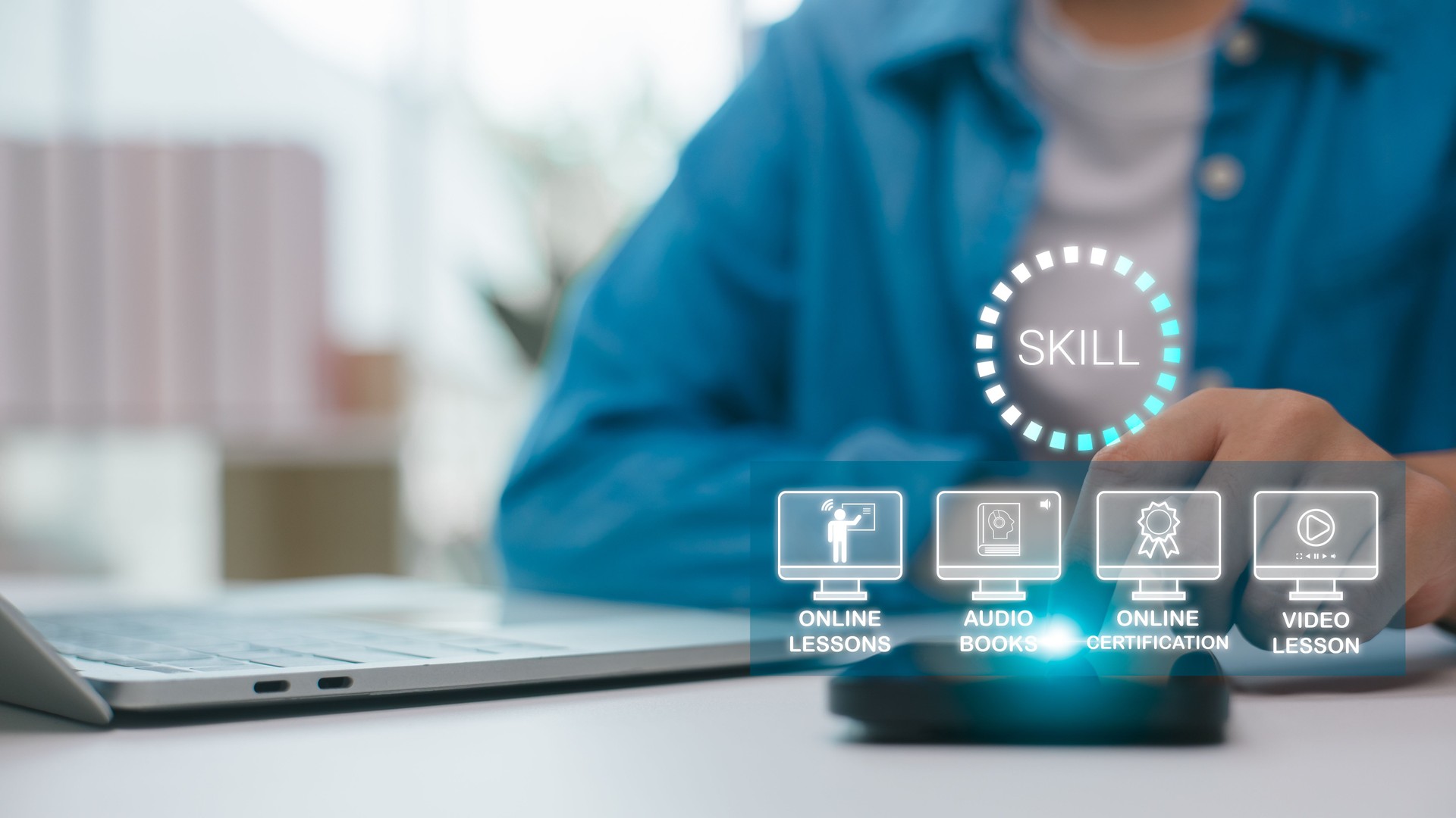 Online skill development concept showing digital learning tools like video lessons, audiobooks, online certification, and education platforms for personal growth and career advancement.